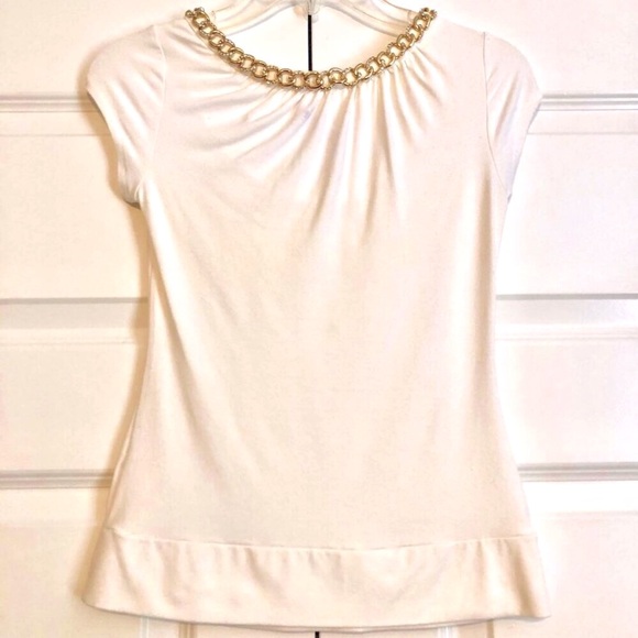 CACHE Y2K Ivory Cap Sleeve Ruched Knit Top Rhinestone Gold Chain Neckline S - Picture 3 of 4